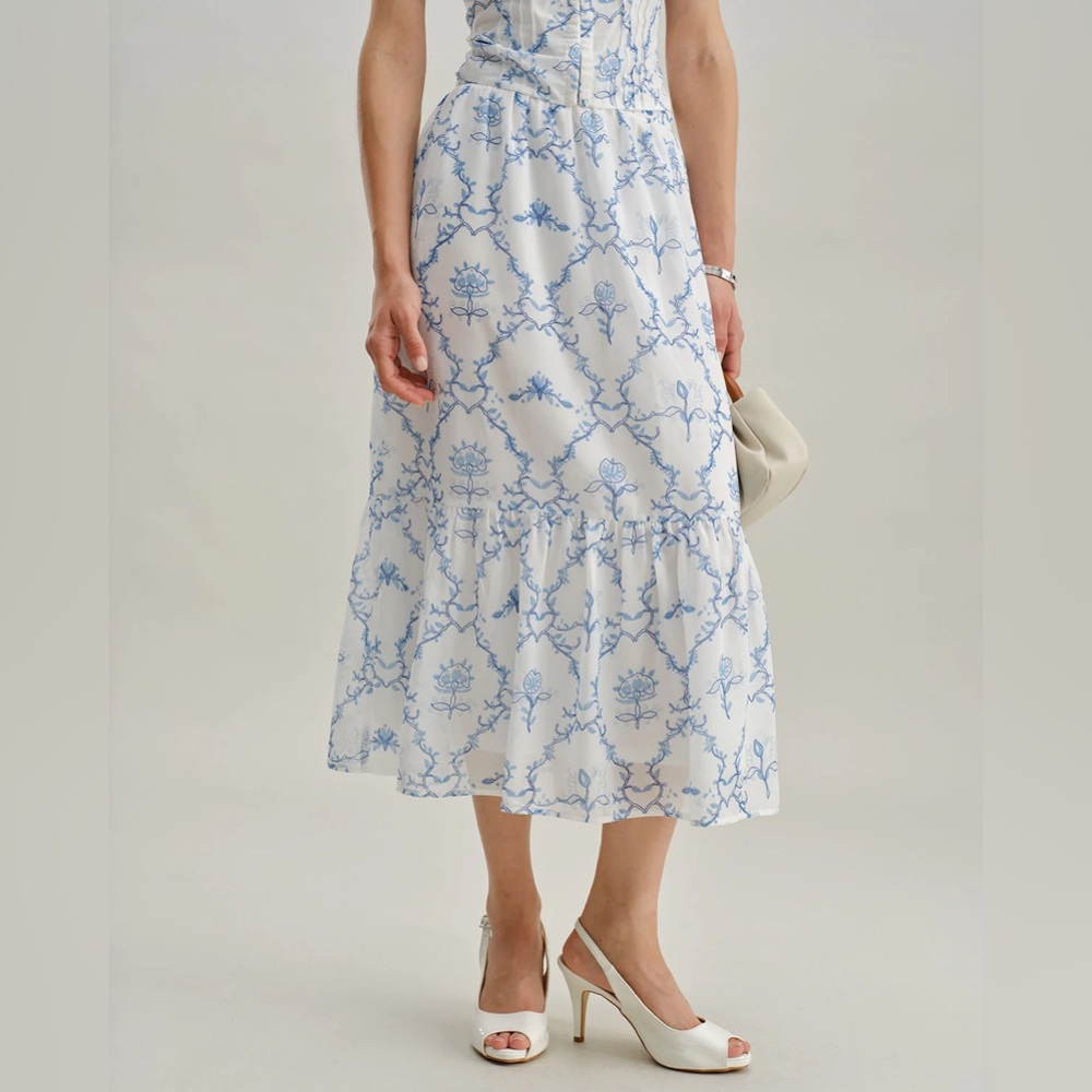 RIHOAS White Floral Tiered Midi Skirt S